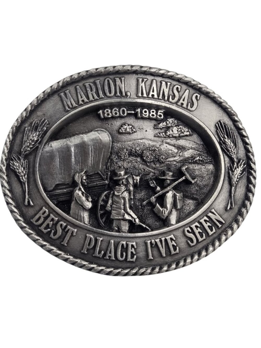 Marion Kansas Belt Buckle 1985 Vintage KS Settlers Surveyors Frontier Country